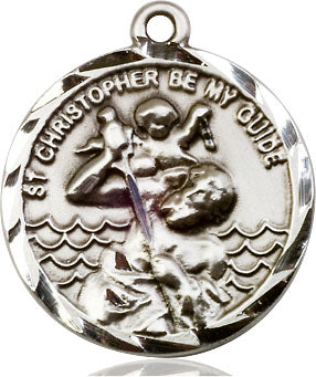 Pewter St. Christopher medal 1x 7/8 inches on a 24 inch light Rhodium chain. Reads St. Christopher Be My Guide