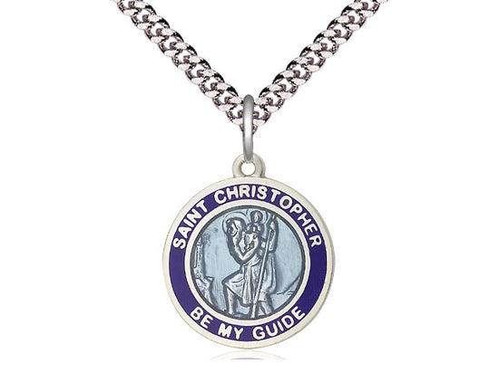 Round Sterling Silver Blue Enamel St. Christopher Medal on 24 inch Rhodium chain. St. Christopher Be My Guide
