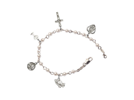 First Communion Jewelry Silver Pearl Charm Bracelet – St