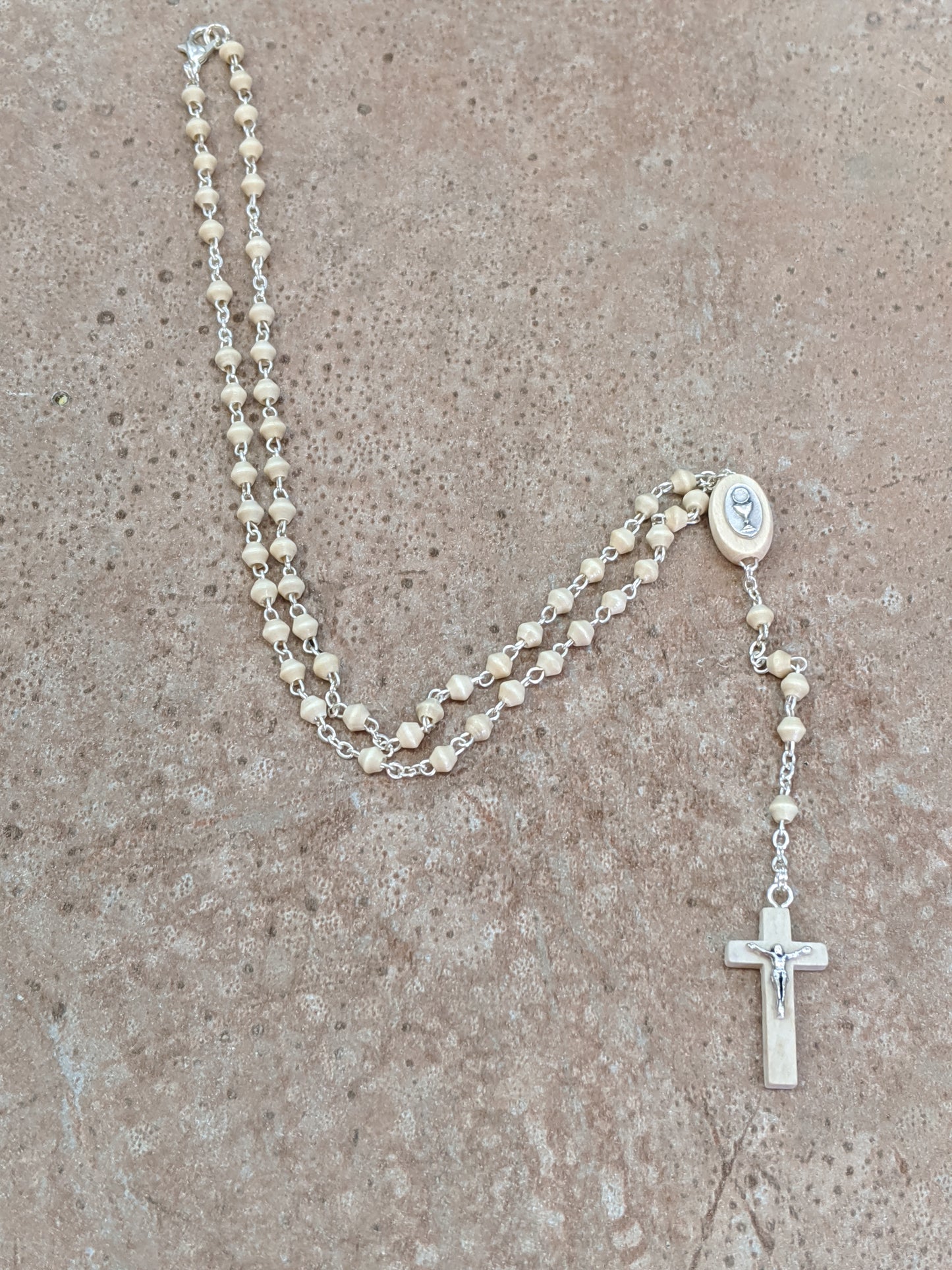 First Communion Wooden Rosary Necklace