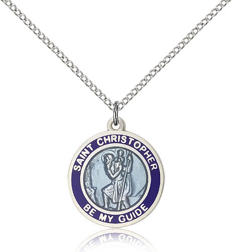 Sterling Silver blue enamel St. Christopher medal on 18 inch Rhodium chain.  St. Christopher Be My Guide