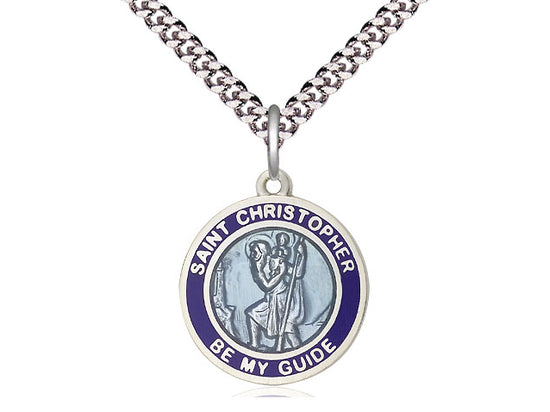 Round Sterling Silver Blue Enamel St. Christopher Medal on 24 inch Rhodium chain.  St. Christopher Be My Guide