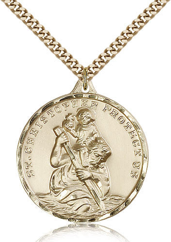 Gold filled St. Christopher on 24inch gold plated chain .  Medal is 1 x 7/8 inches and  says St. Christopher protect us.