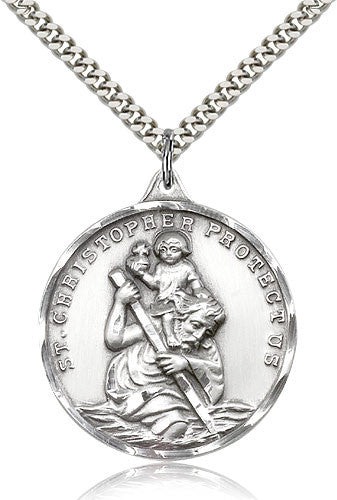 Sterling Silver St. Christopher medal 1 x 7/8 inches on a 24 inch Rhodium chain.  St. Christopher protect us.