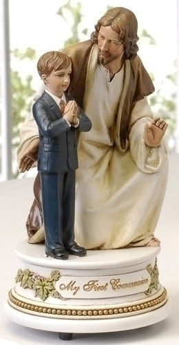 Musical Statue of Jesus With First Communion Boy