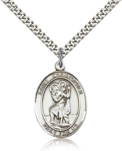 3/4 x 1/2 inch Sterling Silver St. Christopher medal on 24 inch light Rhodium continuous chain.  Reads St. Christopher pray for us.