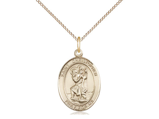 Gold filled St. Christopher medal 3/4 x 1/2 inch on a 24 inch gold plated chain.  St. Christopher pray for us.