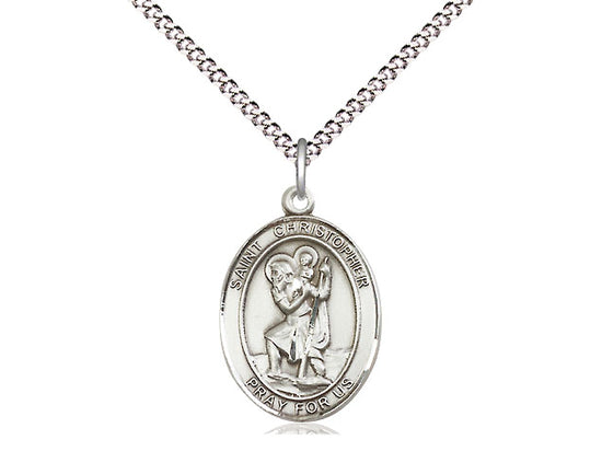 Pewter St. Christopher medal 3/4 x 1/2 inches on a 24 inch rhodium chain.