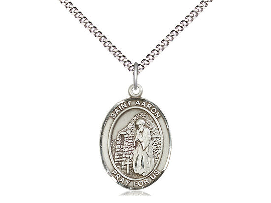 Pewter St. Aaron medal on 24 inch Rhodium Chain.