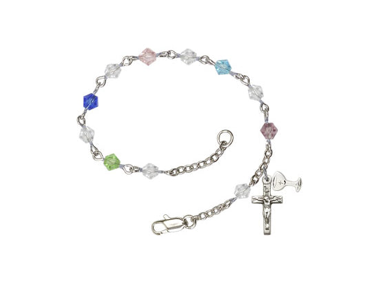 First Communion Jewelry Rosary Bracelet  Silver Multi-Colored Crystal Beads