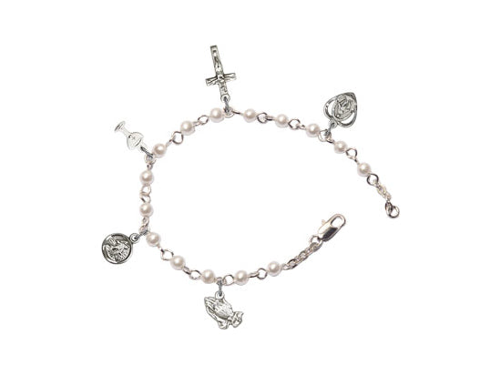First Communion Jewelry  Silver Pearl Charm Bracelet