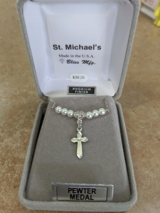 Pearl Pewter Cross Necklace