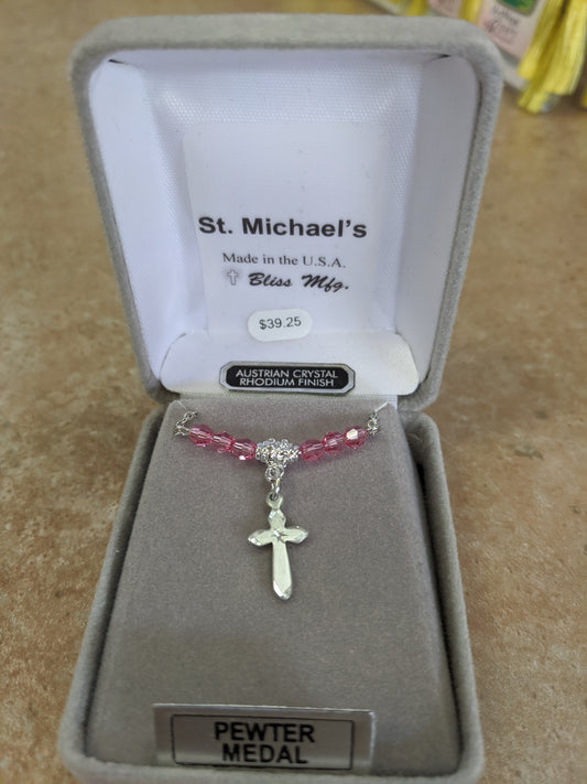 Austrian Pink Crystal Silver Cross Necklace